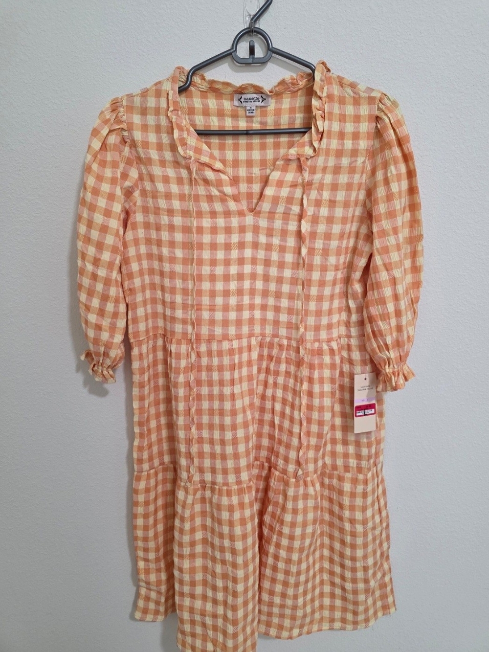 Nanette Lepore Peach and Cream Gingham Tiered Dress